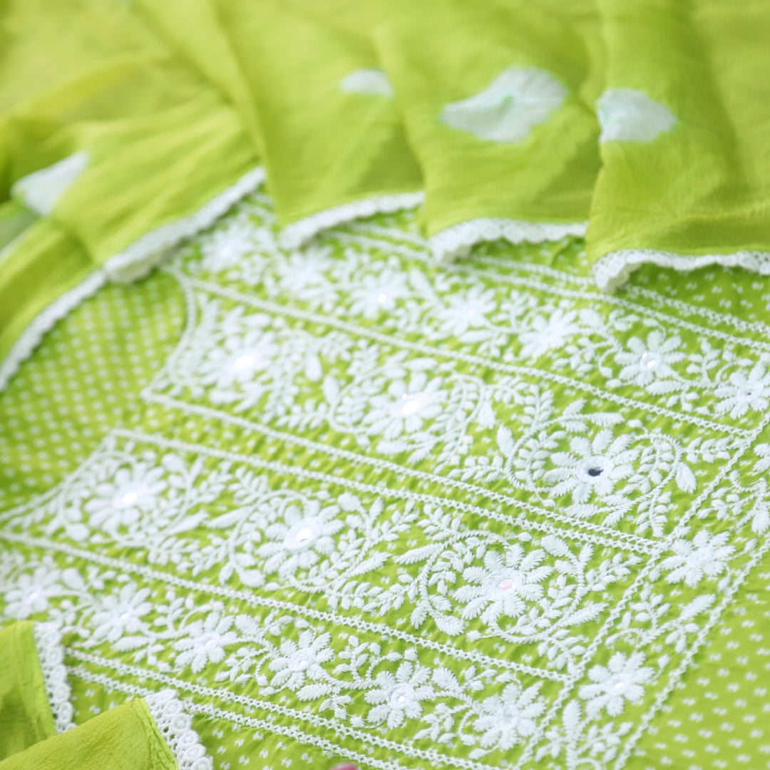 Riwayaat Grass Green Chikankari inspired Neck Work Printed Cotton Suit Set