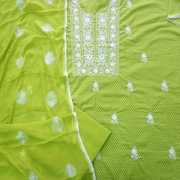 Riwayaat Grass Green Chikankari inspired Neck Work Printed Cotton Suit Set
