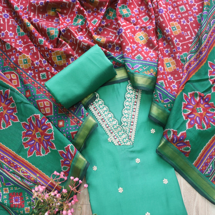 Rubiya Parakeet Green V Neck Embellished Neck Work Modal Suit Set