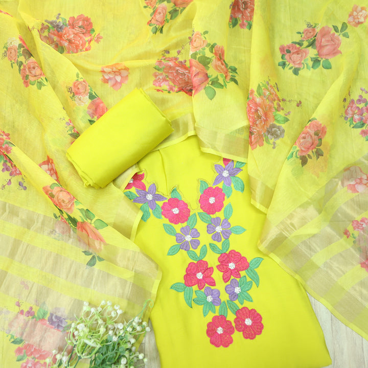 Rubiya Sunglow Yellow Floral Thread Cut Neck Work Modal Suit Set