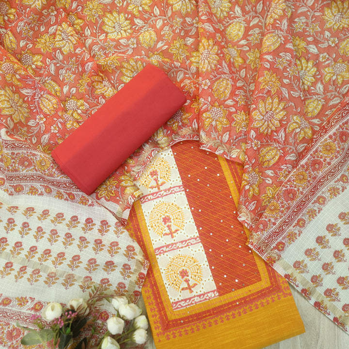 Jahaan Turmeric Yellow Schiffli Neck Work Printed South Cotton Suit Set