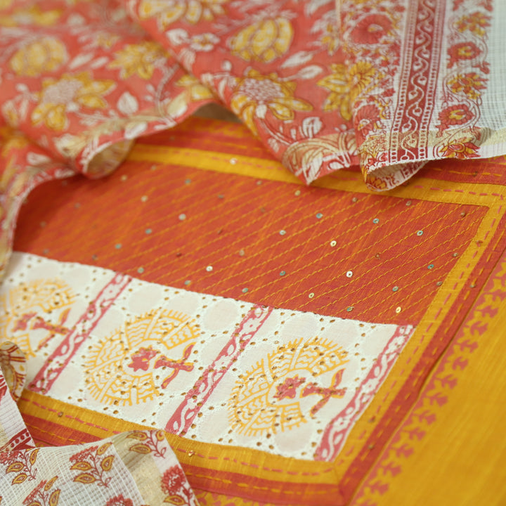 Jahaan Turmeric Yellow Schiffli Neck Work Printed South Cotton Suit Set