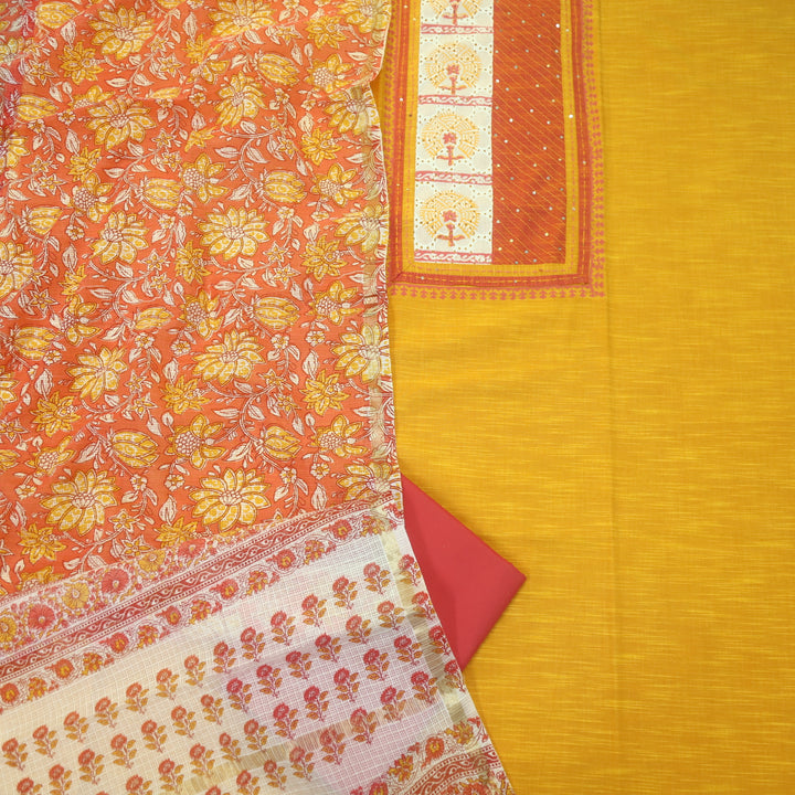 Jahaan Turmeric Yellow Schiffli Neck Work Printed South Cotton Suit Set