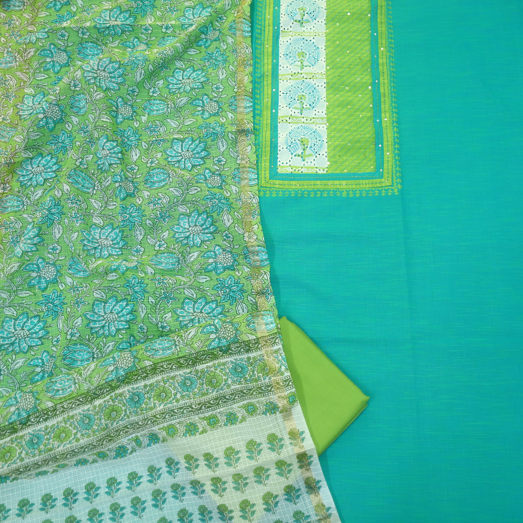 Jahaan Turquoise Green Schiffli Neck Work Printed South Cotton Suit Set