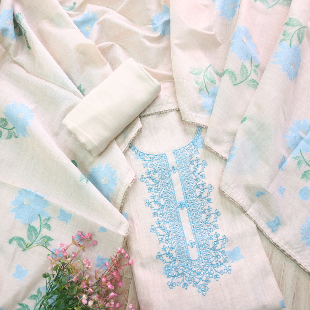 Marjaniya Beige with Blue Thread Embroidered Neck Work Jamdani Suit Set