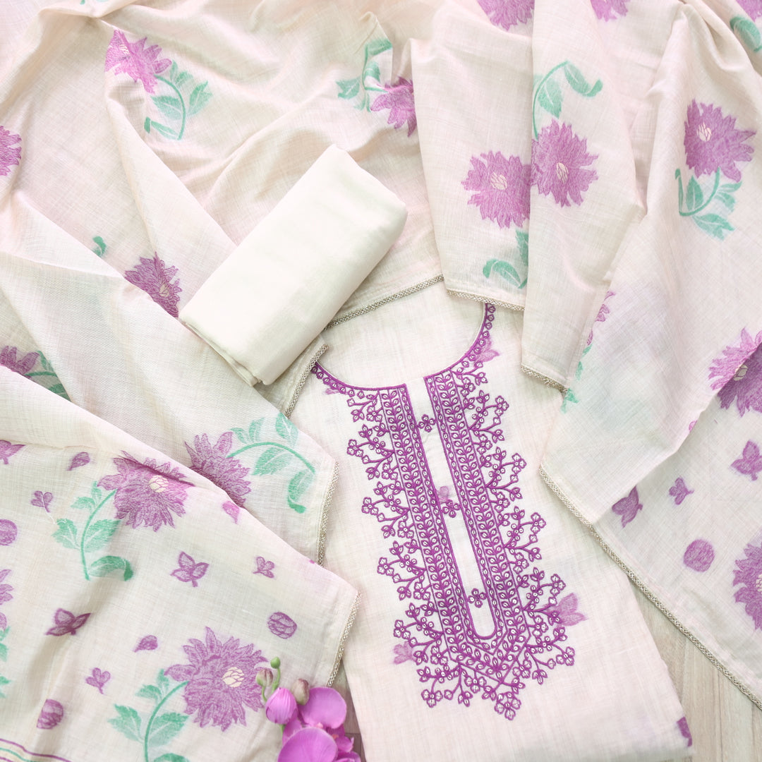 Marjaniya Beige with Purple Thread Embroidered Neck Work Jamdani Suit Set