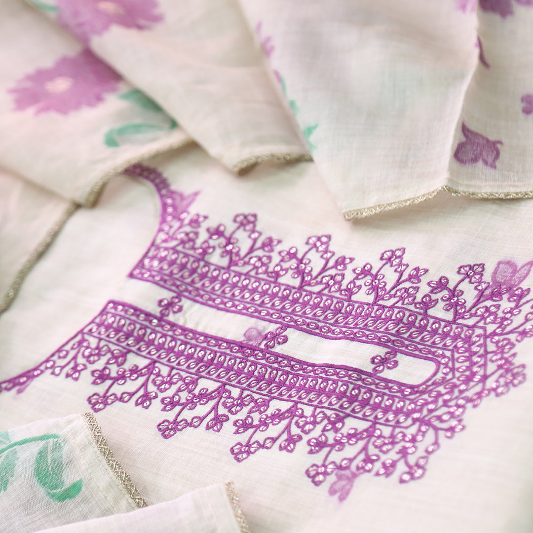 Marjaniya Beige with Purple Thread Embroidered Neck Work Jamdani Suit Set