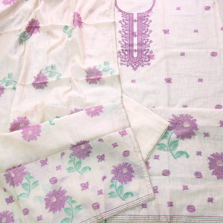 Marjaniya Beige with Purple Thread Embroidered Neck Work Jamdani Suit Set