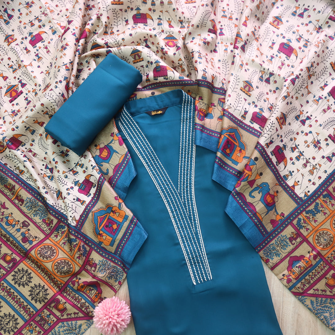 Rukshat Teal Blue Running Stitch Work V Neck Cotton Rayon Suit Set