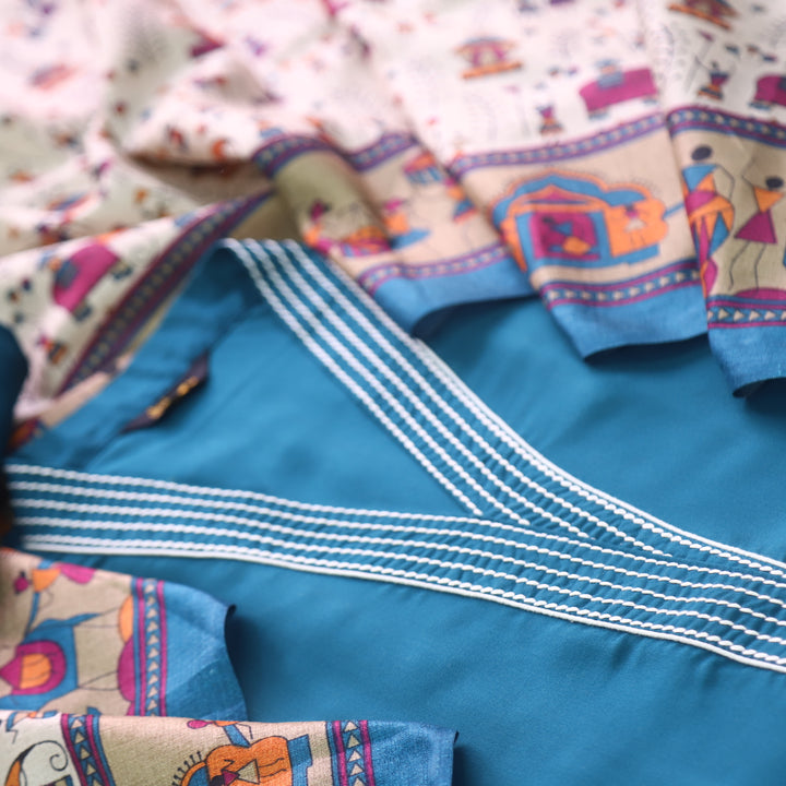 Rukshat Teal Blue Running Stitch Work V Neck Cotton Rayon Suit Set