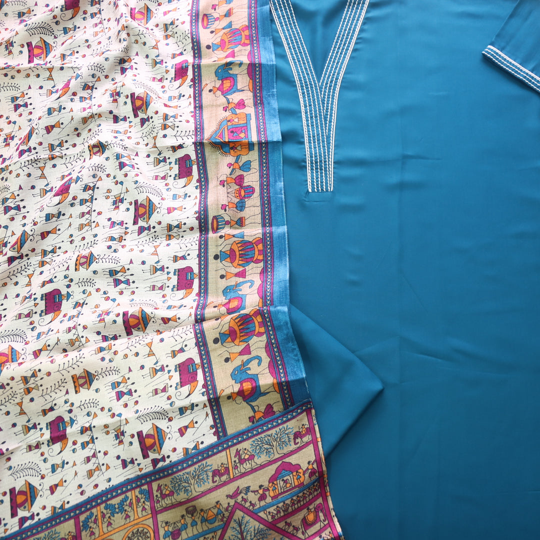 Rukshat Teal Blue Running Stitch Work V Neck Cotton Rayon Suit Set