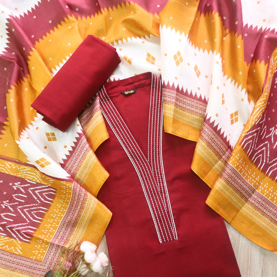 Rukshat Maroon Red Running Stitch Work V Neck Cotton Flex Suit Set