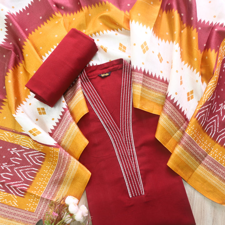 Rukshat Maroon Red Running Stitch Work V Neck Cotton Flex Suit Set