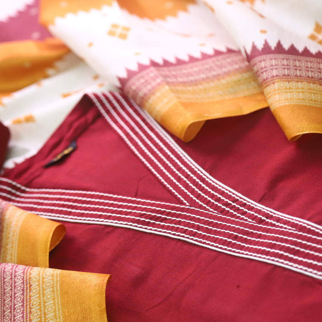 Rukshat Maroon Red Running Stitch Work V Neck Cotton Flex Suit Set