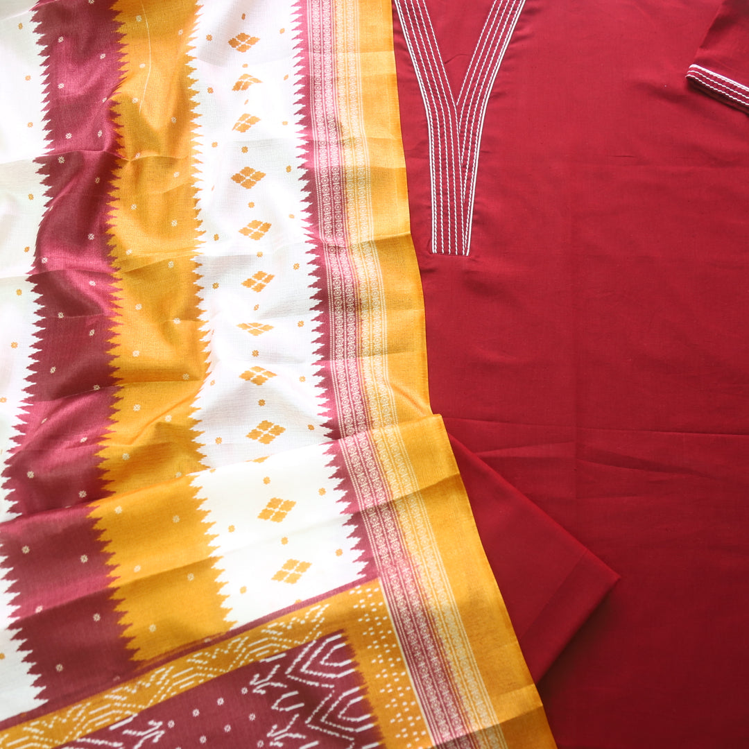 Rukshat Maroon Red Running Stitch Work V Neck Cotton Flex Suit Set