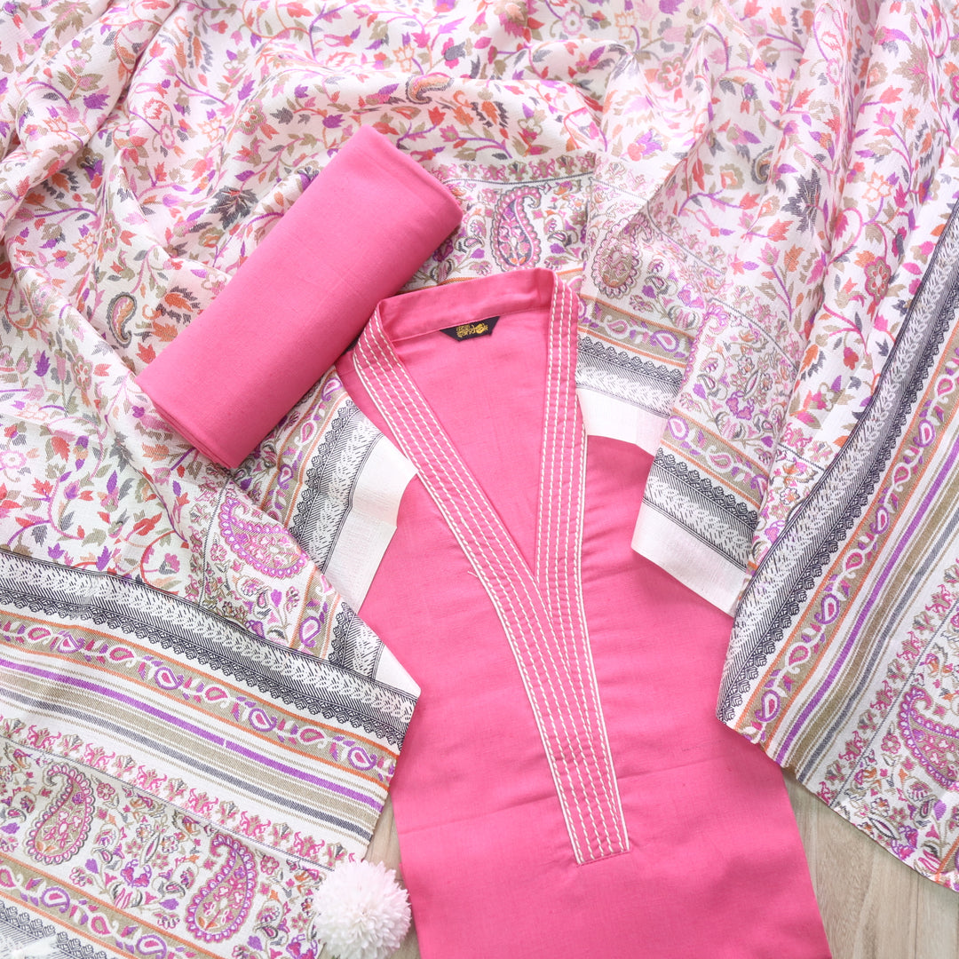 Rukshat Barbie Pink Running Stitch Work V Neck Cotton Flex Suit Set