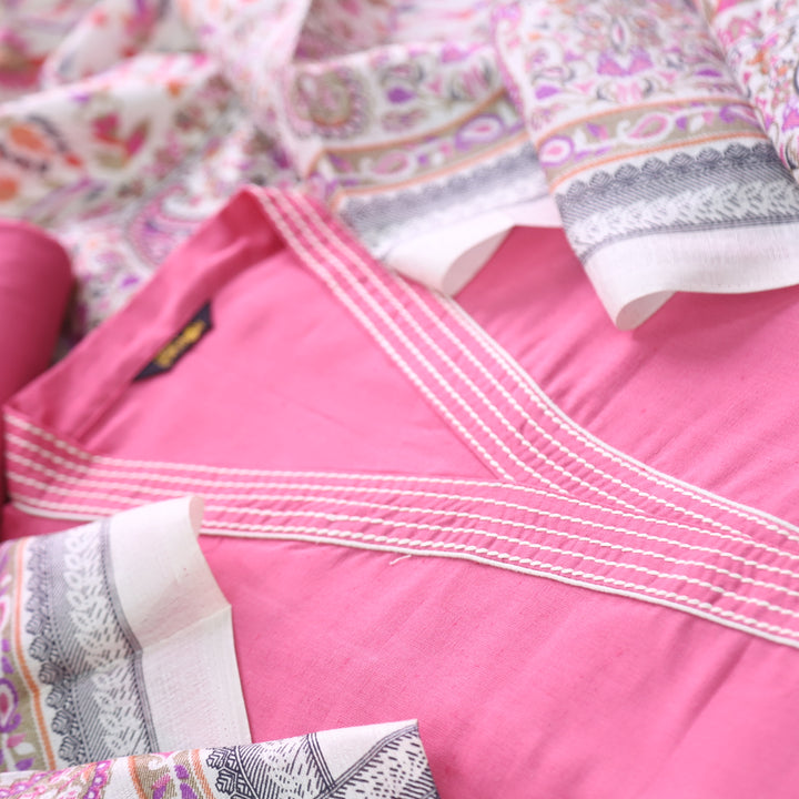 Rukshat Barbie Pink Running Stitch Work V Neck Cotton Flex Suit Set