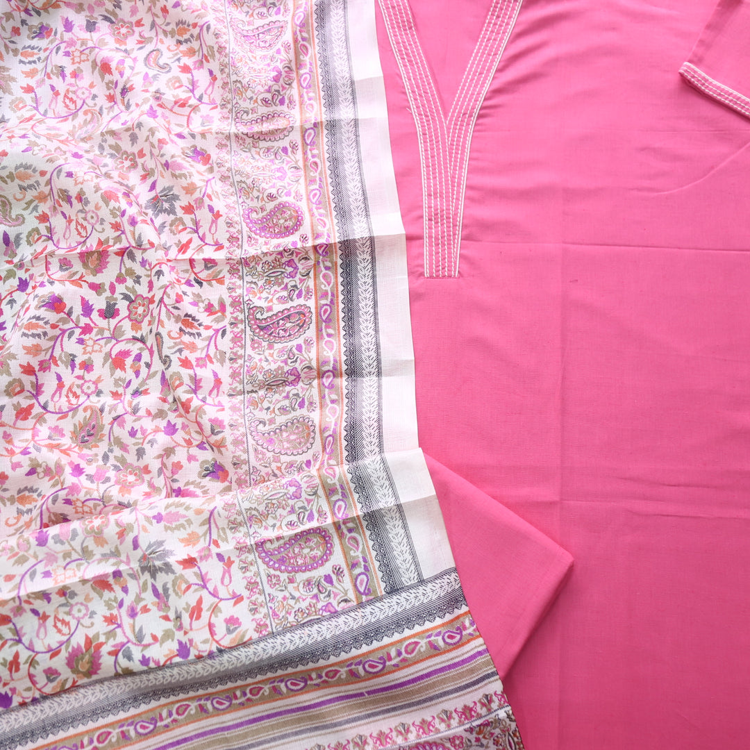 Rukshat Barbie Pink Running Stitch Work V Neck Cotton Flex Suit Set