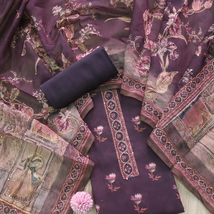 Kohinoor Mulberry Purple Digital Pichwai Print Chanderi Suit Set