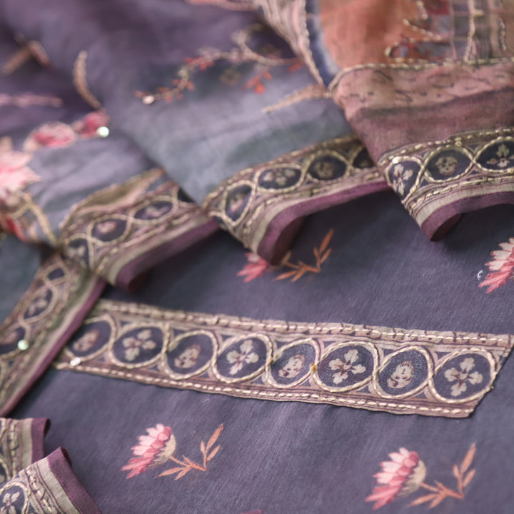 Kohinoor Faded Deep Grey Digital Pichwai Print Chanderi Suit Set