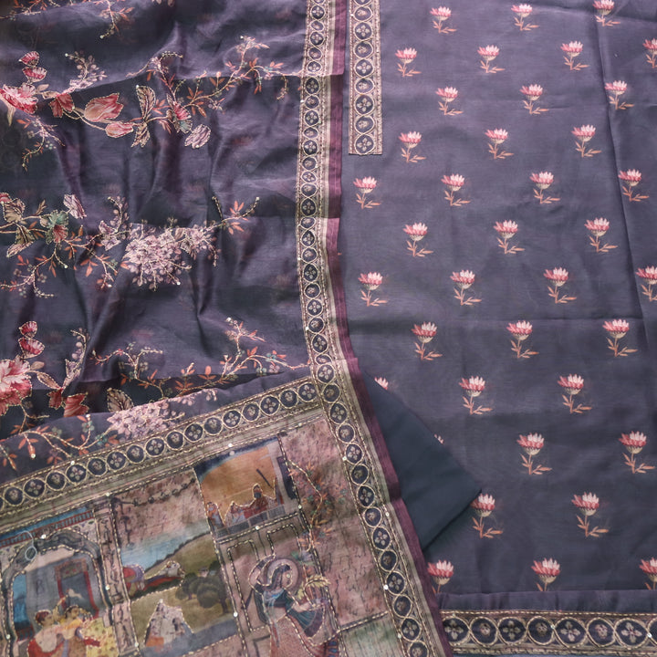 Kohinoor Faded Deep Grey Digital Pichwai Print Chanderi Suit Set
