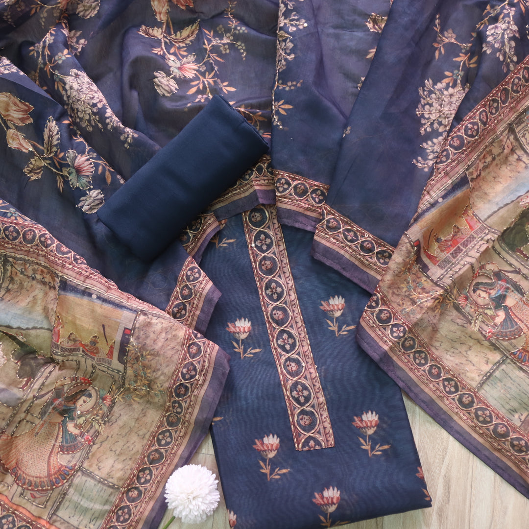Kohinoor Denim Blue Digital Pichwai Print Chanderi Suit Set