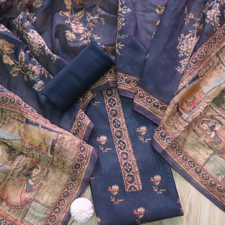 Kohinoor Denim Blue Digital Pichwai Print Chanderi Suit Set