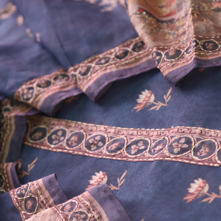 Kohinoor Denim Blue Digital Pichwai Print Chanderi Suit Set