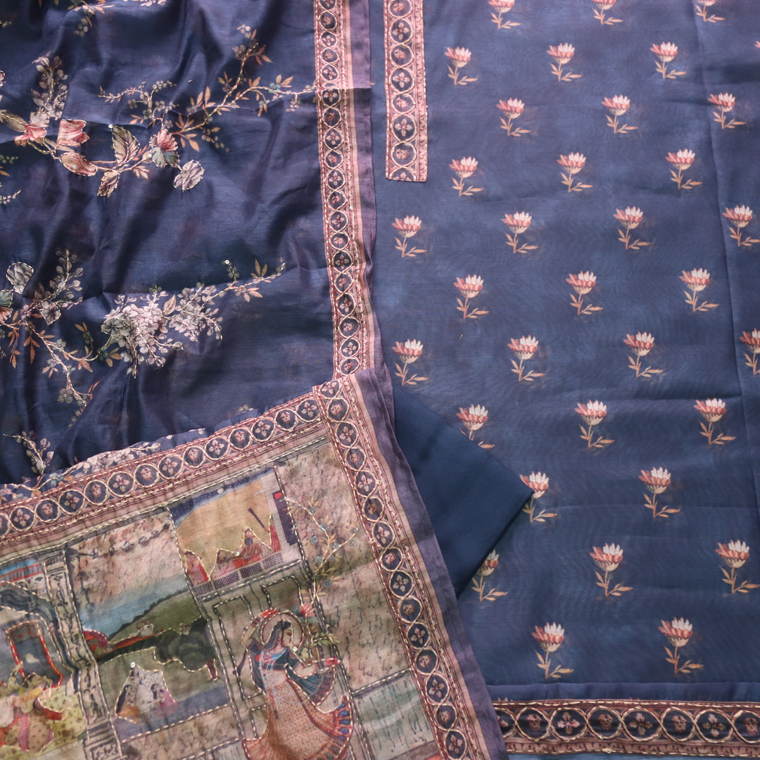 Kohinoor Denim Blue Digital Pichwai Print Chanderi Suit Set