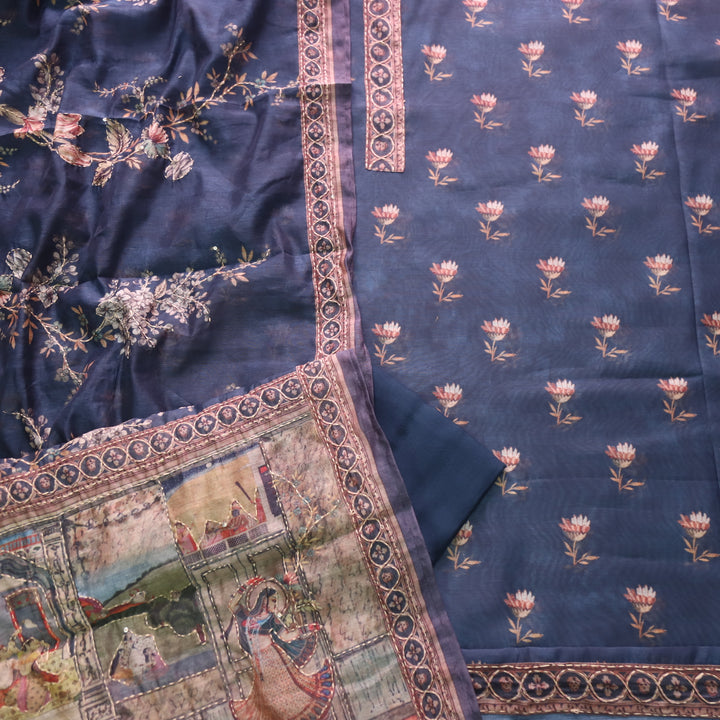 Kohinoor Denim Blue Digital Pichwai Print Chanderi Suit Set