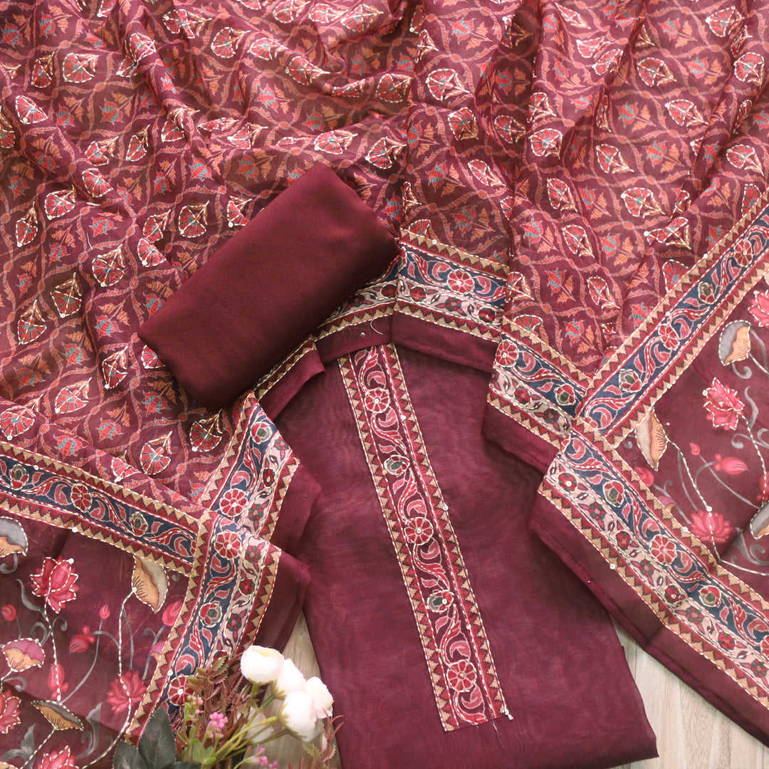 Kohinoor Rust Deep Red Digital Pichwai Print Chanderi Suit Set