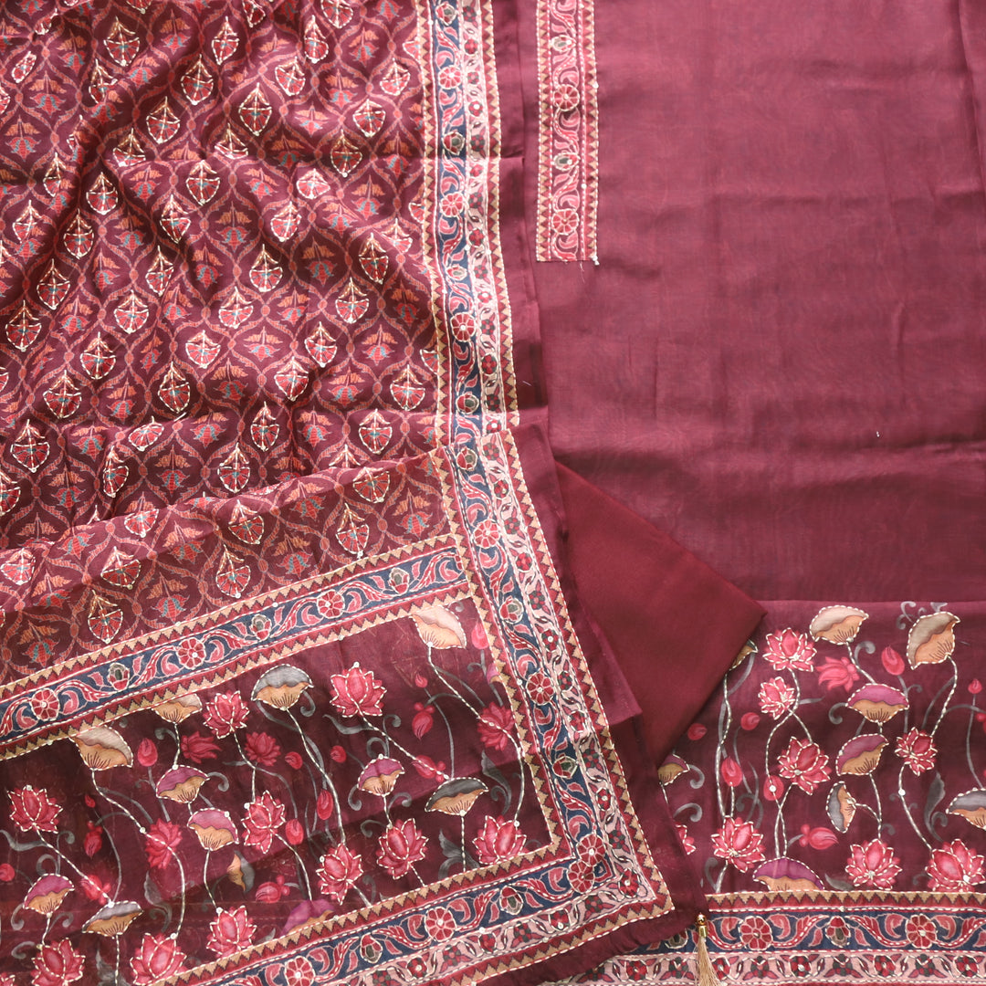 Kohinoor Rust Deep Red Digital Pichwai Print Chanderi Suit Set
