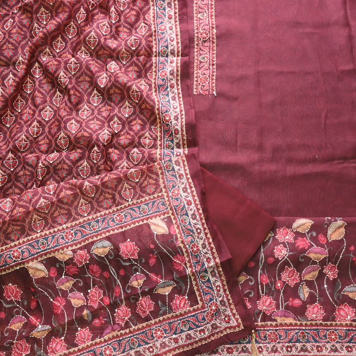Kohinoor Rust Deep Red Digital Pichwai Print Chanderi Suit Set