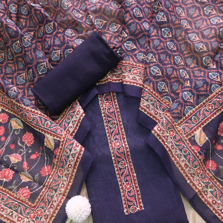 Kohinoor Indigo Purple Digital Pichwai Print Chanderi Suit Set