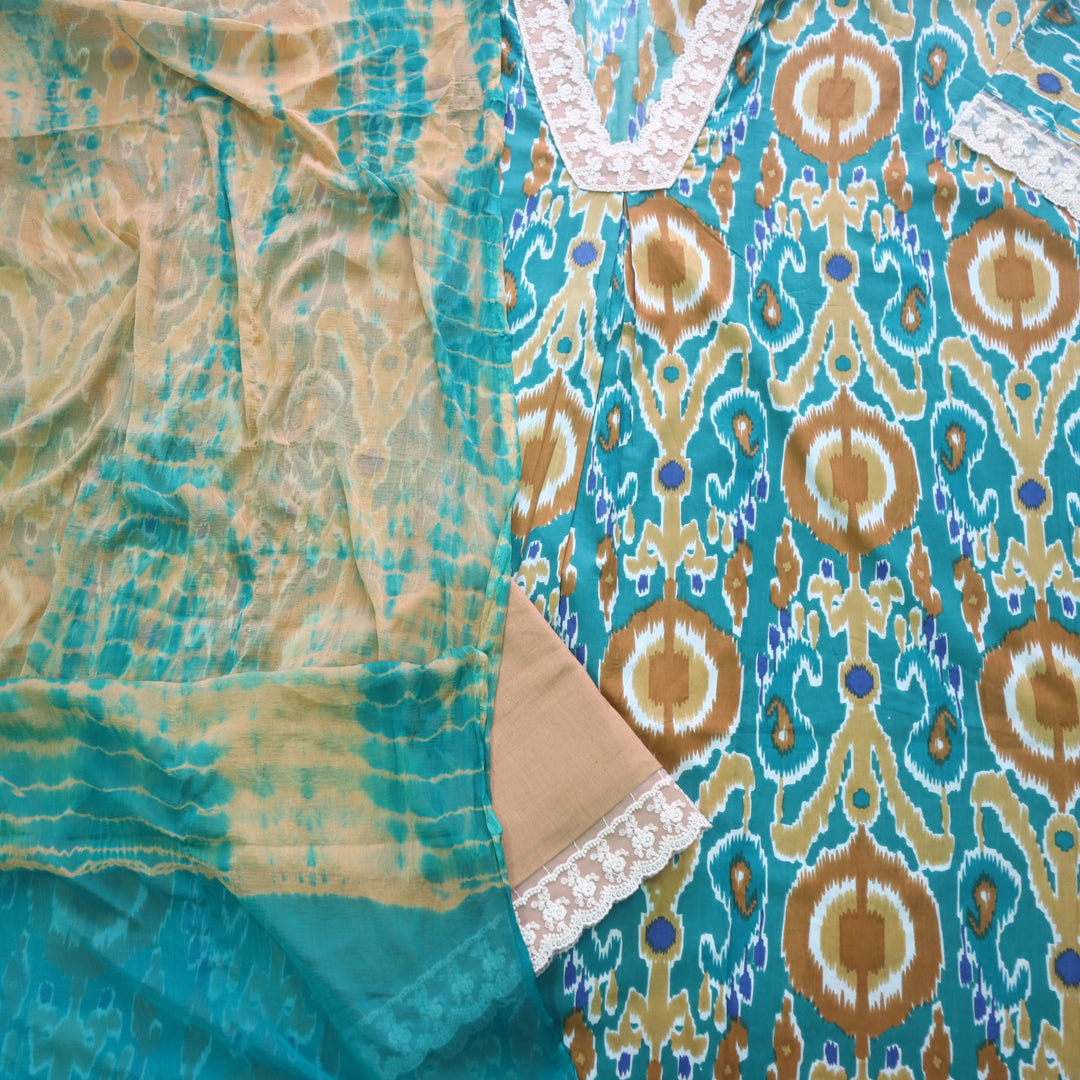 Rukshat Teal Blue V Neck Lace Work Printed Cotton Suit Set