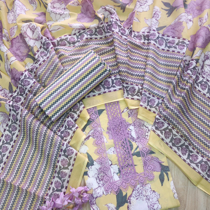 Rukshat Buttermilk Yellow Lace Neck Work Floral Printed Cotton Suit Set