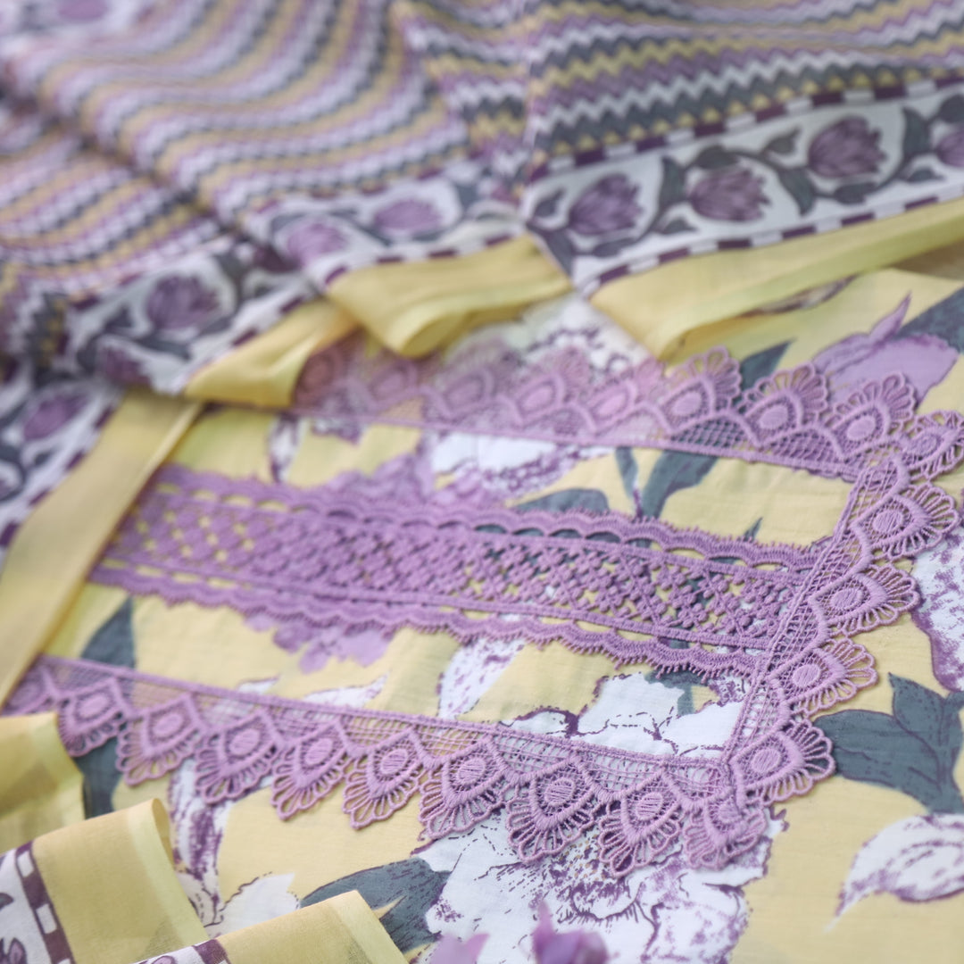 Rukshat Buttermilk Yellow Lace Neck Work Floral Printed Cotton Suit Set