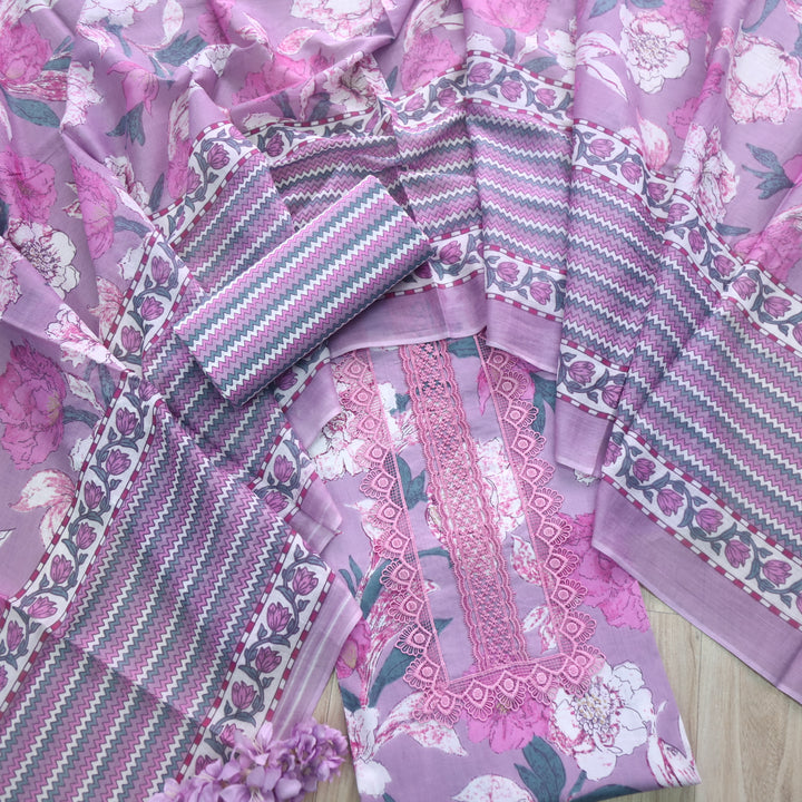 Rukshat Lavender Purple Lace Neck Work Floral Printed Cotton Suit Set