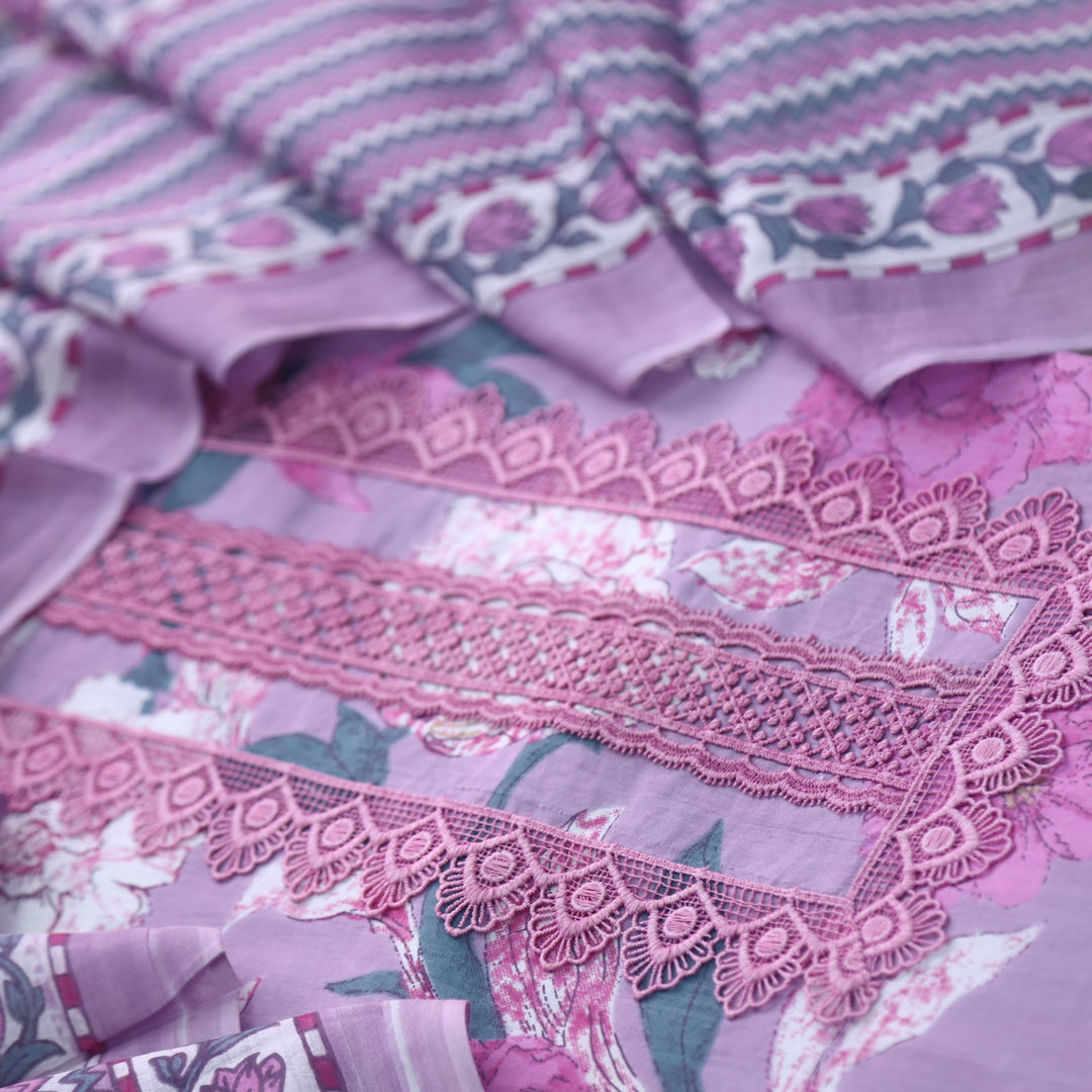 Rukshat Lavender Purple Lace Neck Work Floral Printed Cotton Suit Set