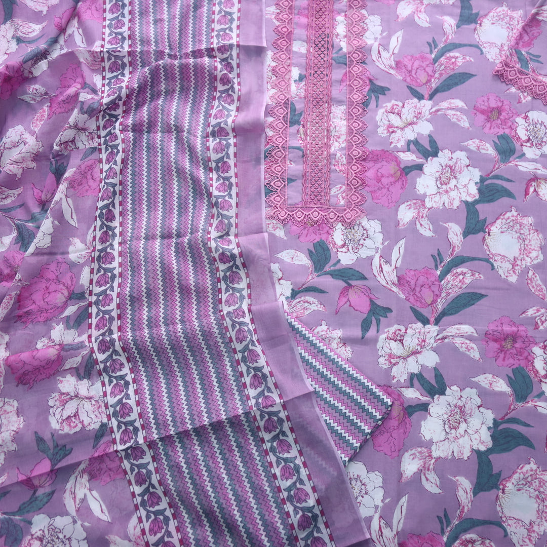 Rukshat Lavender Purple Lace Neck Work Floral Printed Cotton Suit Set
