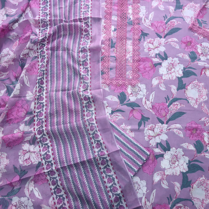 Rukshat Lavender Purple Lace Neck Work Floral Printed Cotton Suit Set