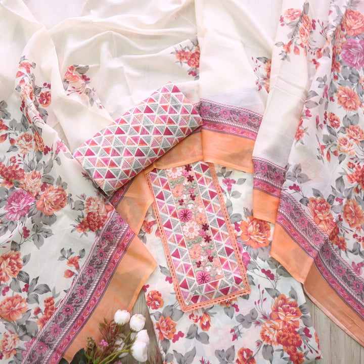 Rukshat Cream Beige with Orange Lace Neck Work Floral Printed Cotton Suit Set