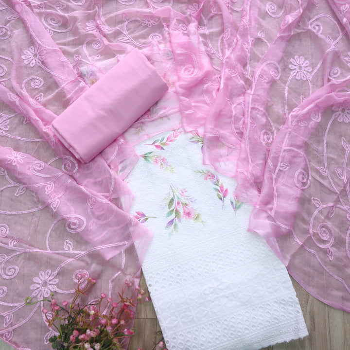 Hamsafar White with Pink Floral Printed Schiffli Work Cotton Suit Set