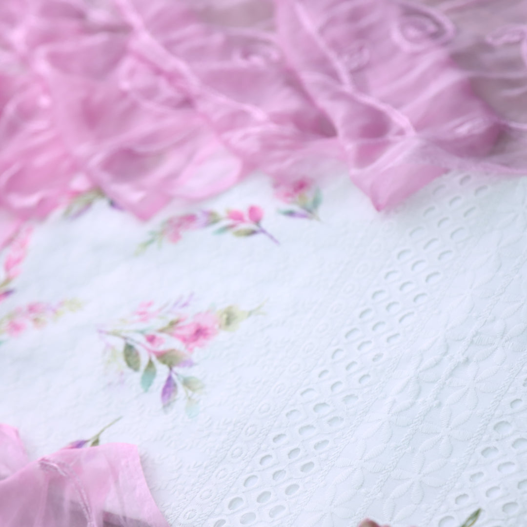 Hamsafar White with Pink Floral Printed Schiffli Work Cotton Suit Set