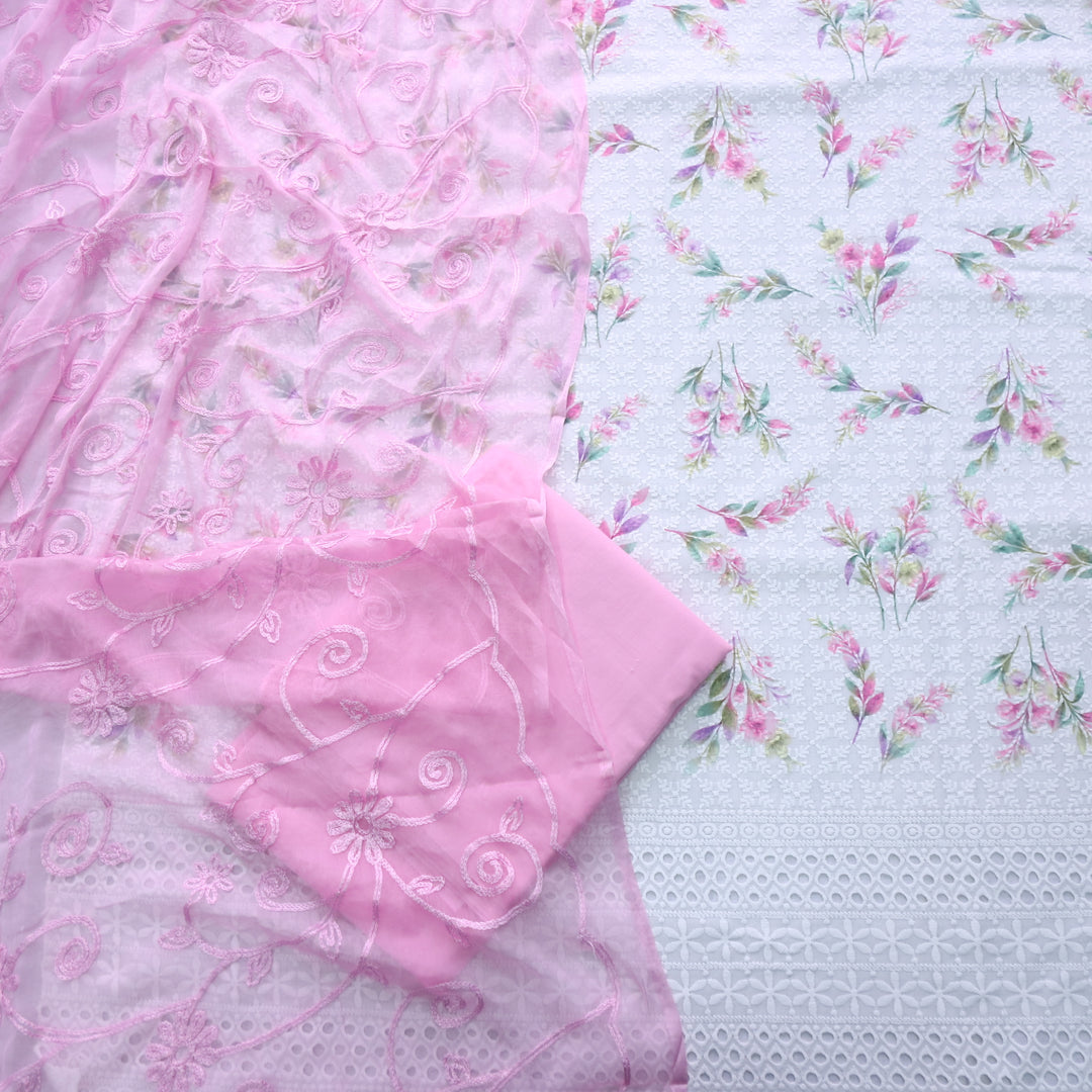Hamsafar White with Pink Floral Printed Schiffli Work Cotton Suit Set