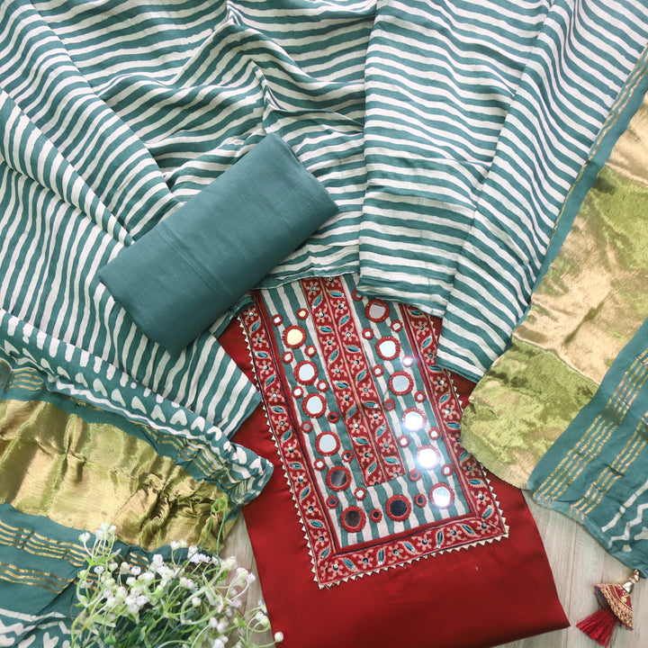 Farnaz Ruby Pink Mirror Work Glazed Cotton Top with Gajji Silk Dupatta