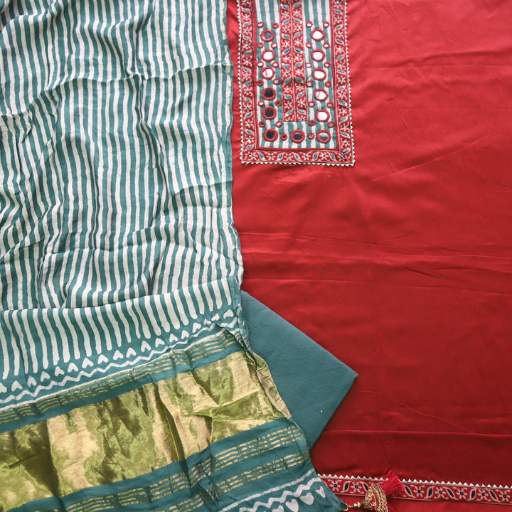 Farnaz Ruby Pink Mirror Work Glazed Cotton Top with Gajji Silk Dupatta