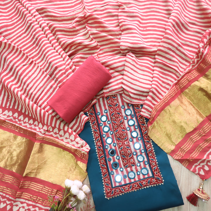 Farnaz Denim Blue Mirror Work Glazed Cotton Top with Gajji Silk Dupatta