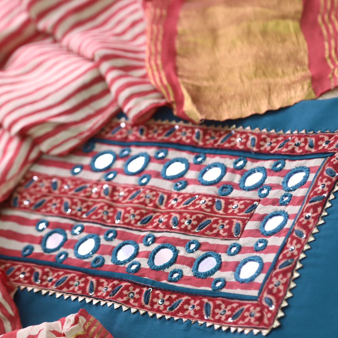 Farnaz Denim Blue Mirror Work Glazed Cotton Top with Gajji Silk Dupatta