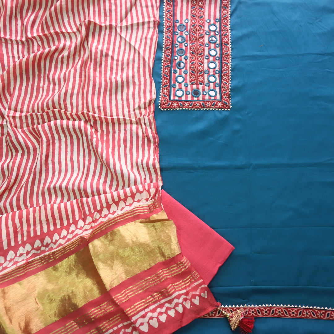 Farnaz Denim Blue Mirror Work Glazed Cotton Top with Gajji Silk Dupatta